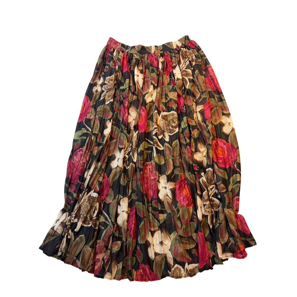 Vintage Floral Pleated Maxi Skirt Elastic Waist Red Green Black 90s‎ Made in USA